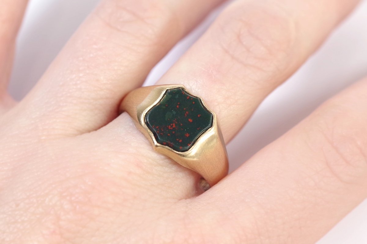 Antique Bloodstone Signet Ring In 18k Gold, Ring For Men, Heliotrop Jasper, Signet Ring-photo-1