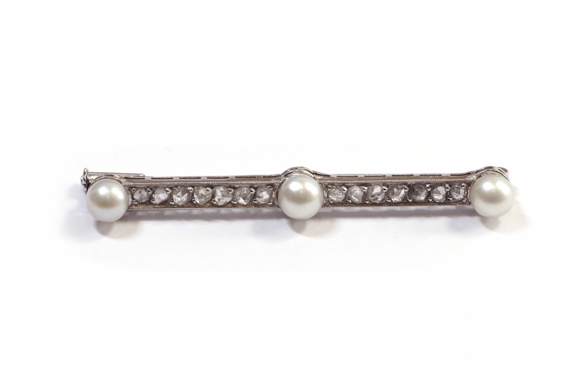 Art Deco Diamonds Pearl Brooch In Platinum And 18k Gold, Line Brooch, Rose-cut Diamonds