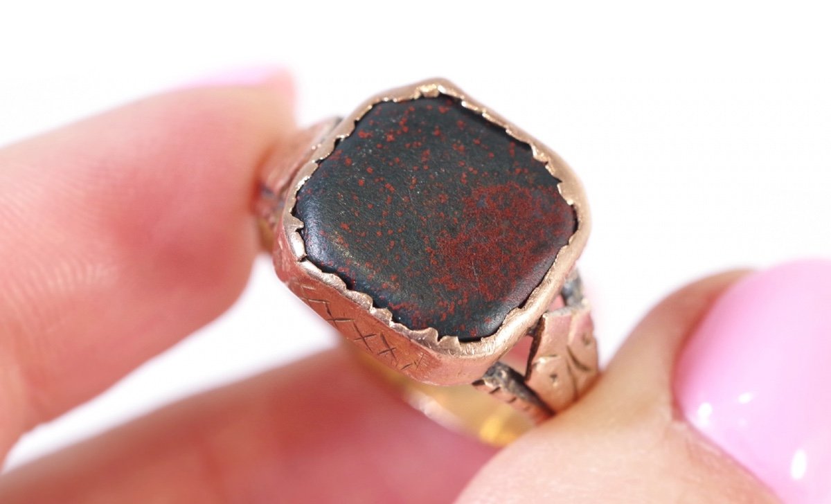 Antique Bloodstone Signet Ring In 9k Gold, Signet Ring For Men, Or Women, Green Jasper