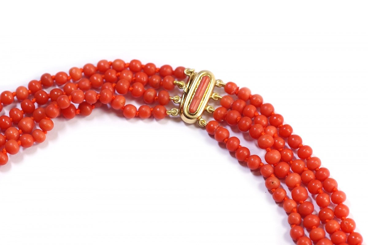 Four Rows Coral Beads Necklace With A Clasp In 18k Gold, Multi Rows Necklace, Long Necklace-photo-2