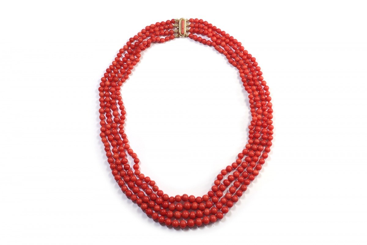 Four Rows Coral Beads Necklace With A Clasp In 18k Gold, Multi Rows Necklace, Long Necklace-photo-3