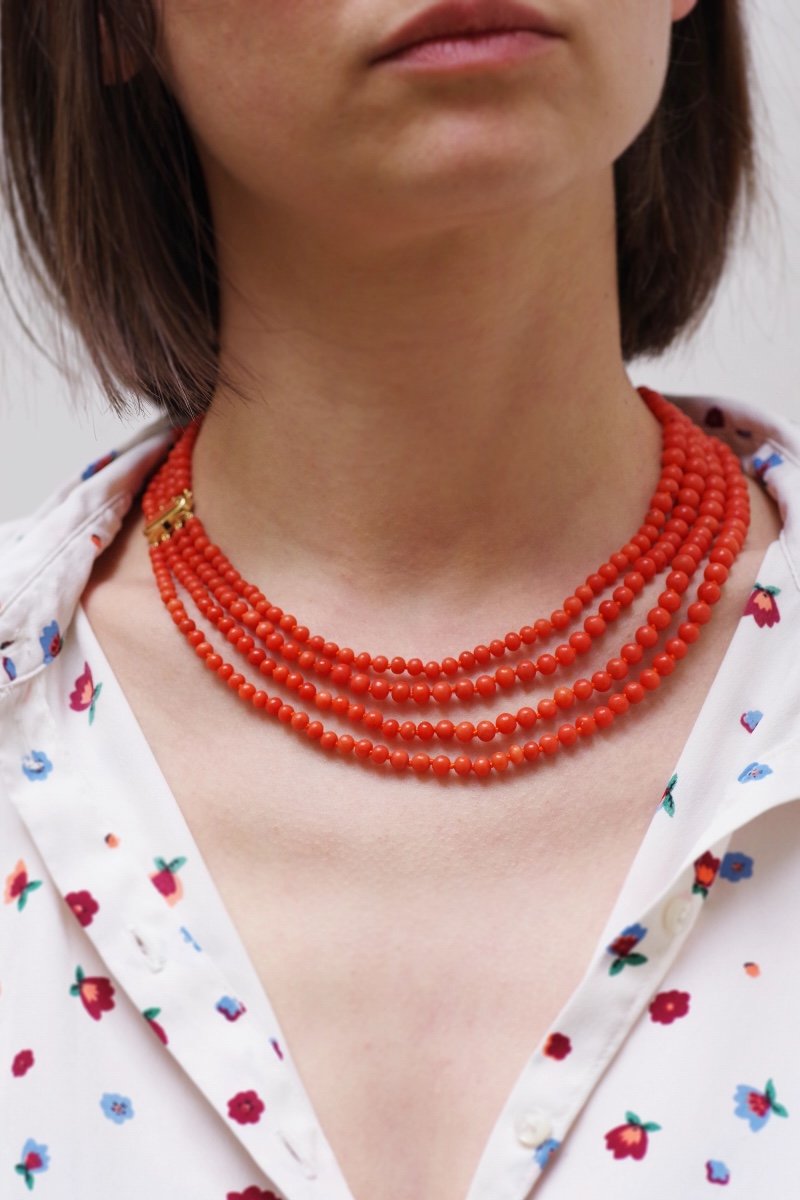 Four Rows Coral Beads Necklace With A Clasp In 18k Gold, Multi Rows Necklace, Long Necklace-photo-4