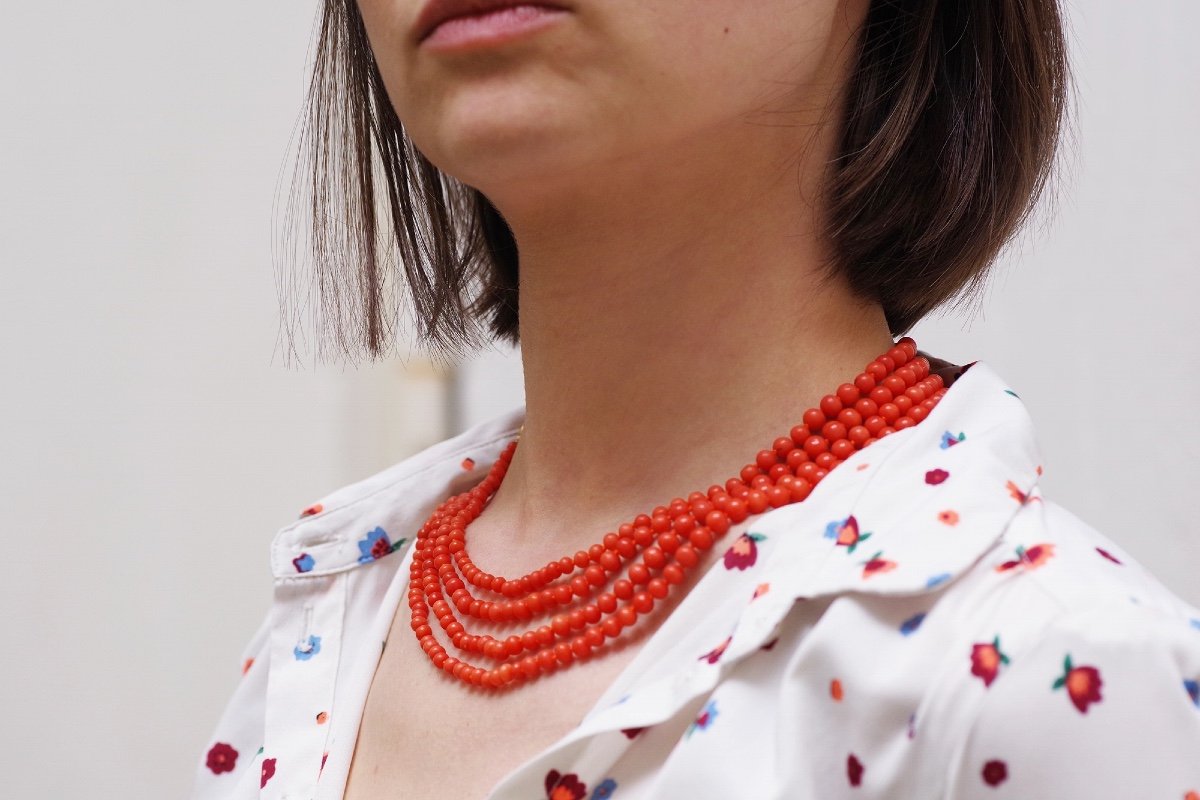 Four Rows Coral Beads Necklace With A Clasp In 18k Gold, Multi Rows Necklace, Long Necklace-photo-1