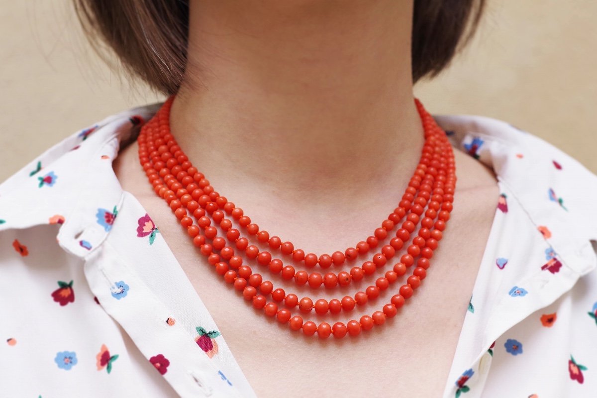 Four Rows Coral Beads Necklace With A Clasp In 18k Gold, Multi Rows Necklace, Long Necklace-photo-2