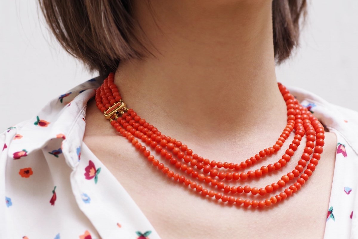 Four Rows Coral Beads Necklace With A Clasp In 18k Gold, Multi Rows Necklace, Long Necklace