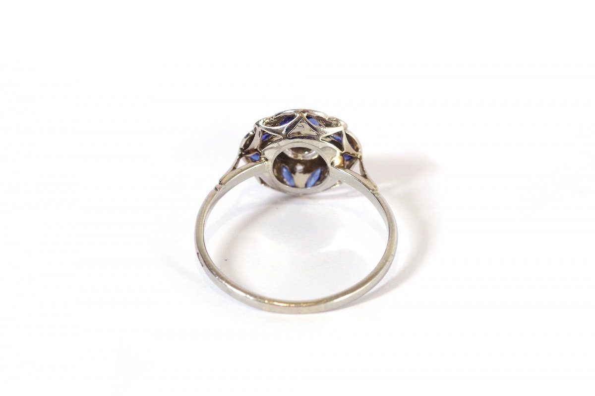Art Deco Sapphire Ring In 18 Karat White Gold And Platinum, Sapphire Navette, Antique Jewelry-photo-3
