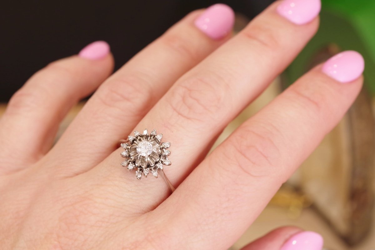 Bague Fleur Diamants Ancienne En Or Blanc 18k, Bague Marguerite Diamants, Bague Fleur Diamants-photo-4