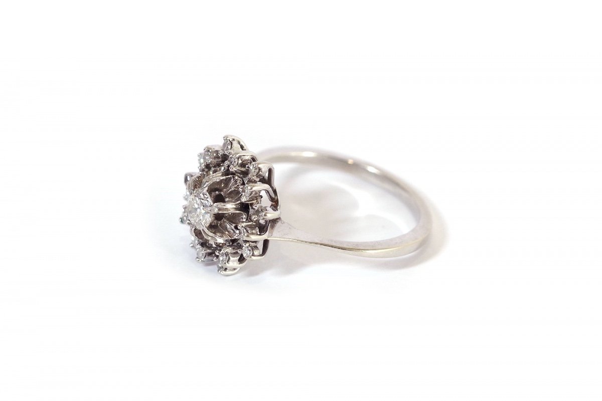 Diamond Flower Ring In 18 Karat White Gold, Antique Cluster Ring, Retro And Art Deco Jewelry -photo-2