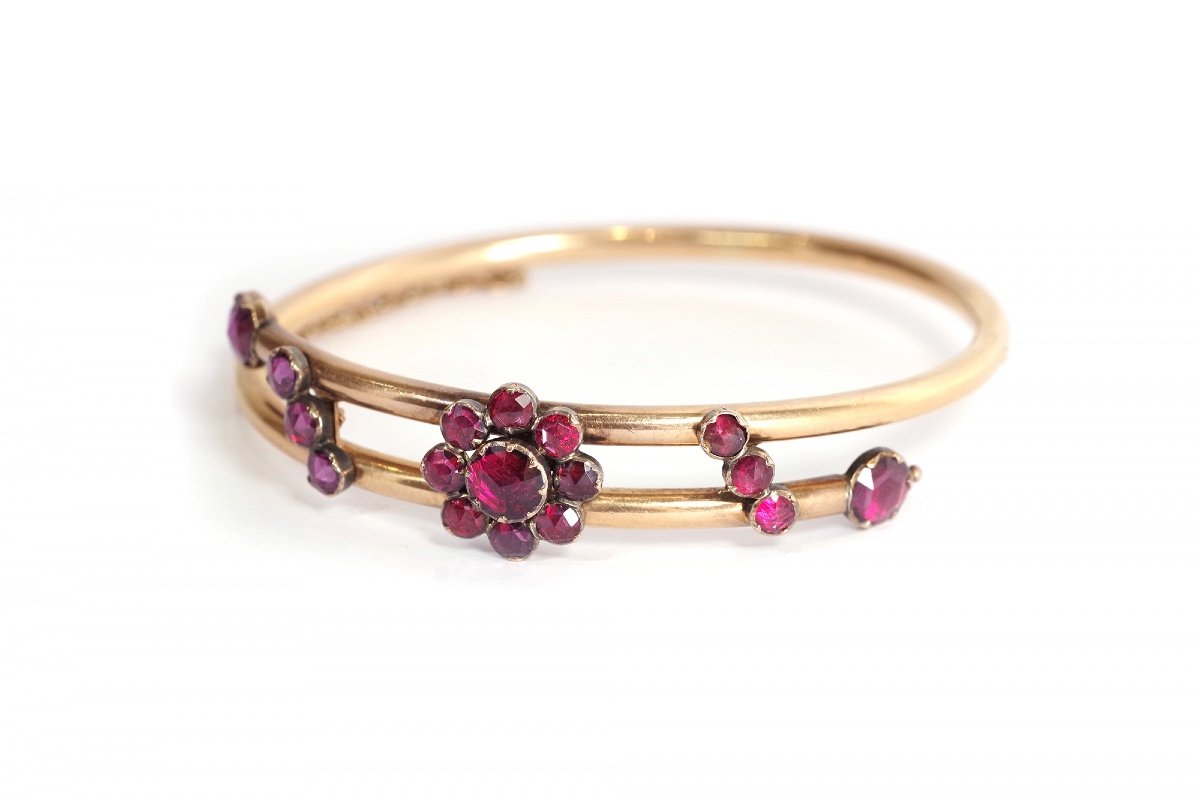 Antique Perpignan Garnets Bracelet In 18k Gold, Victorian Bangle Bracelet, Perpignan Garnets-photo-2