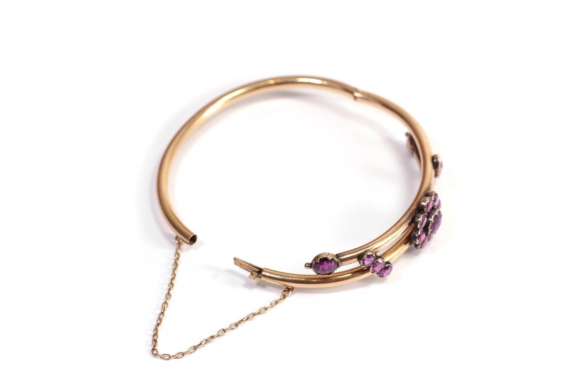 Antique Perpignan Garnets Bracelet In 18k Gold, Victorian Bangle Bracelet, Perpignan Garnets-photo-3