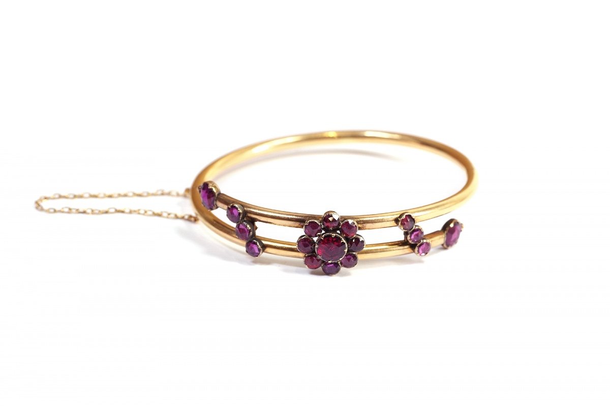 Antique Perpignan Garnets Bracelet In 18k Gold, Victorian Bangle Bracelet, Perpignan Garnets-photo-4