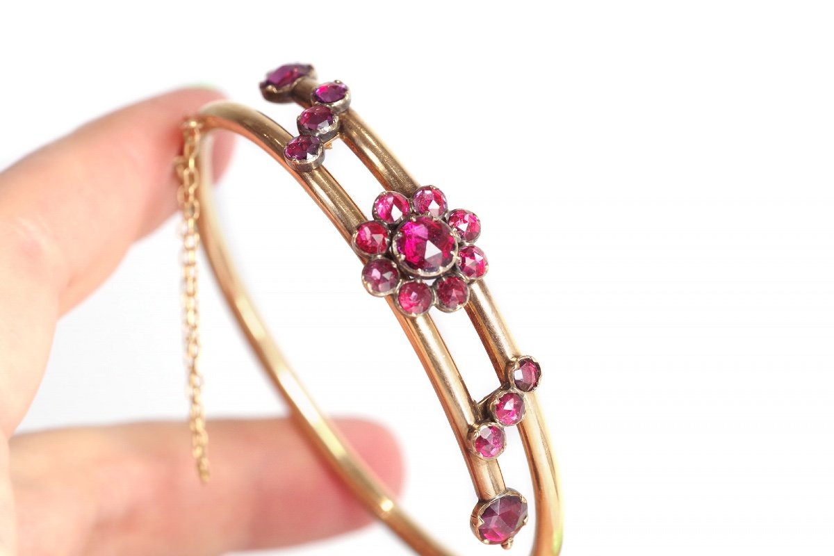 Antique Perpignan Garnets Bracelet In 18k Gold, Victorian Bangle Bracelet, Perpignan Garnets-photo-6