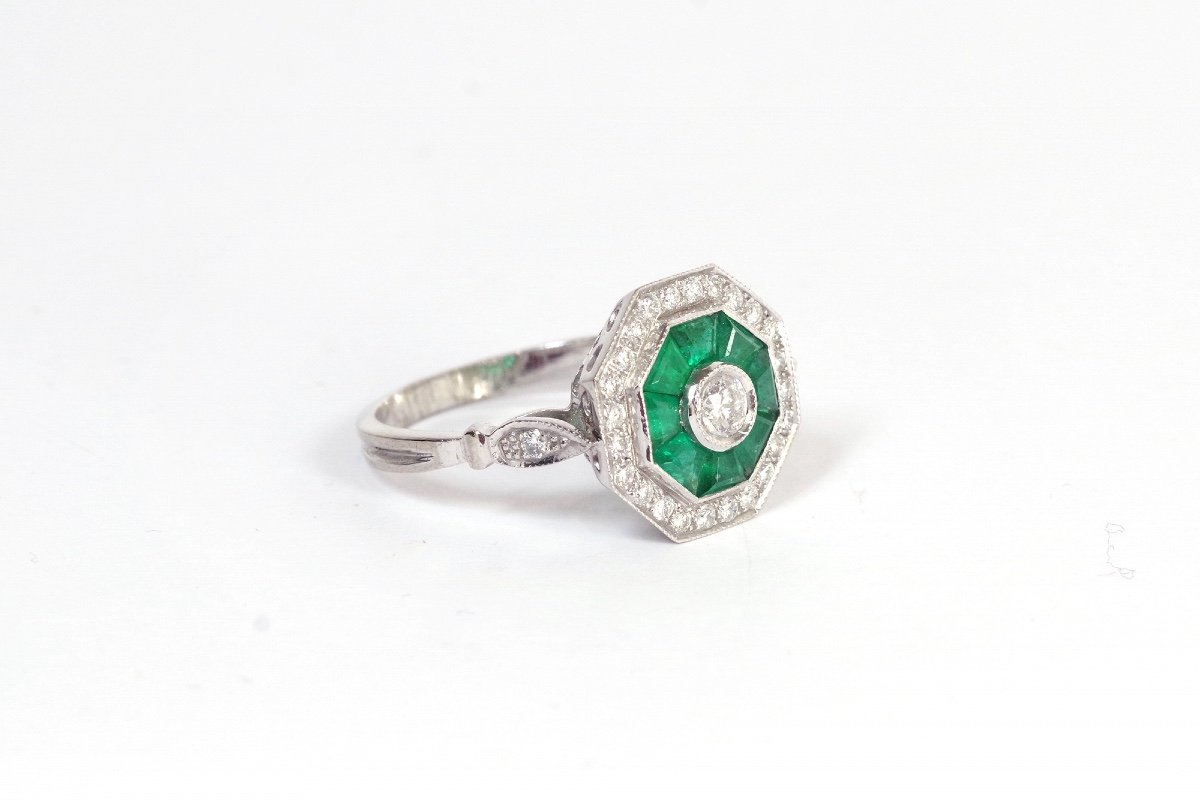 Art Deco Style Emerald Diamond Ring In 18k Gold, Wedding Ring, Bridal Ring, Art Deco Style-photo-2