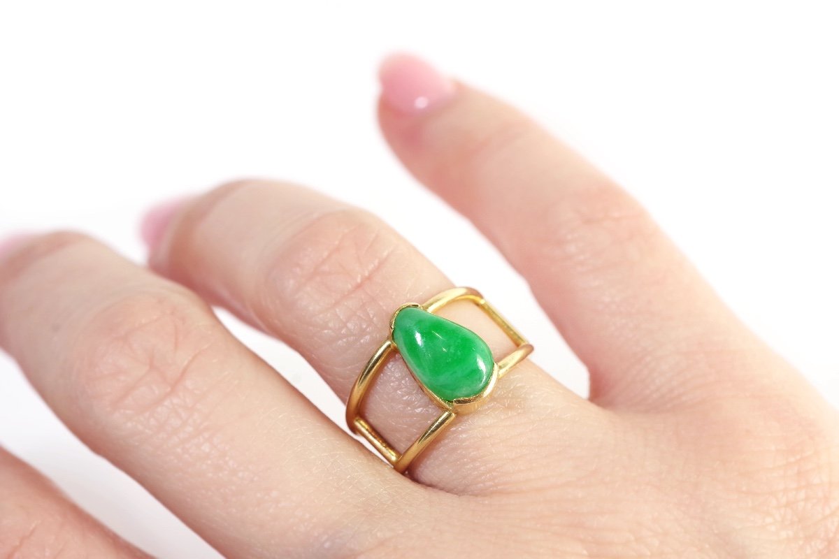 Vintage Jade Ring In 18k Gold, Pre-owned Jade Ring, Cabochon Cut Ring, Antique Jewelry-photo-2