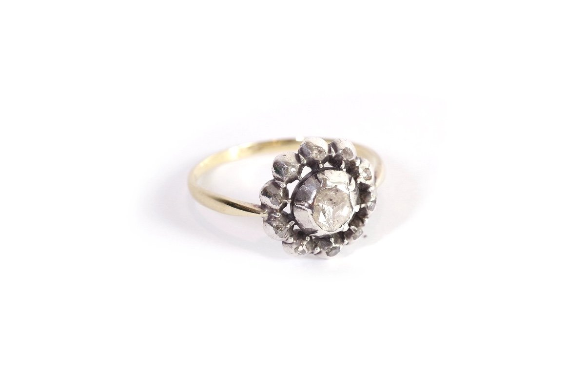 Bague Fleur Diamants XIXe En Or 14k Et Argent, Diamants Sur Paillon, Taille Rose-photo-3