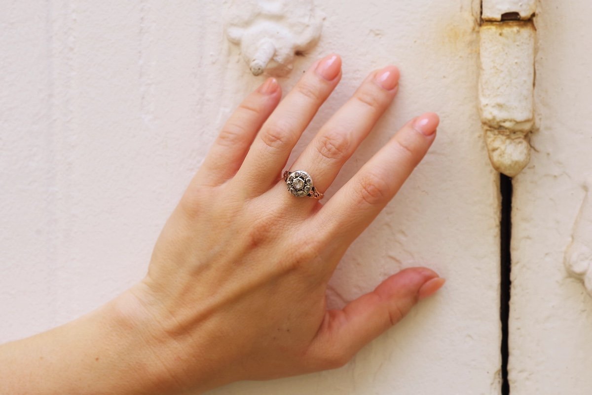 Bague Circulaire Diamants En Or Rose 18k, Bague Ancienne, Diamants Taille Rose, Bague Empire-photo-2