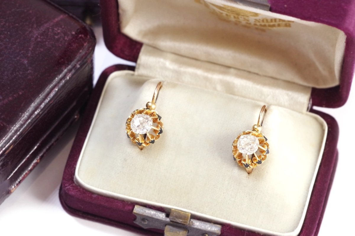 Victorian 0.50 Ct Diamond Earrings In 18k Gold, Old Mine Cut Diamonds, Enamel Earrings-photo-1