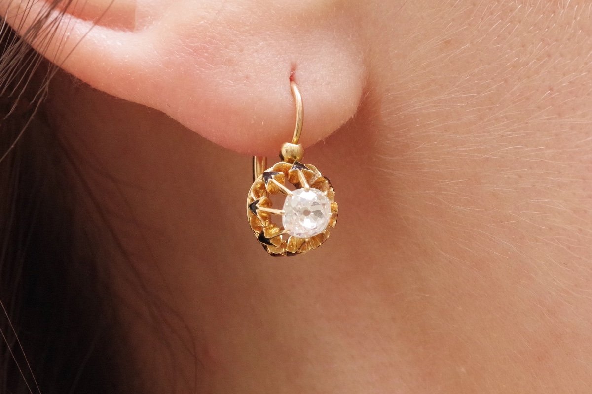 Victorian 0.50 Ct Diamond Earrings In 18k Gold, Old Mine Cut Diamonds, Enamel Earrings-photo-3