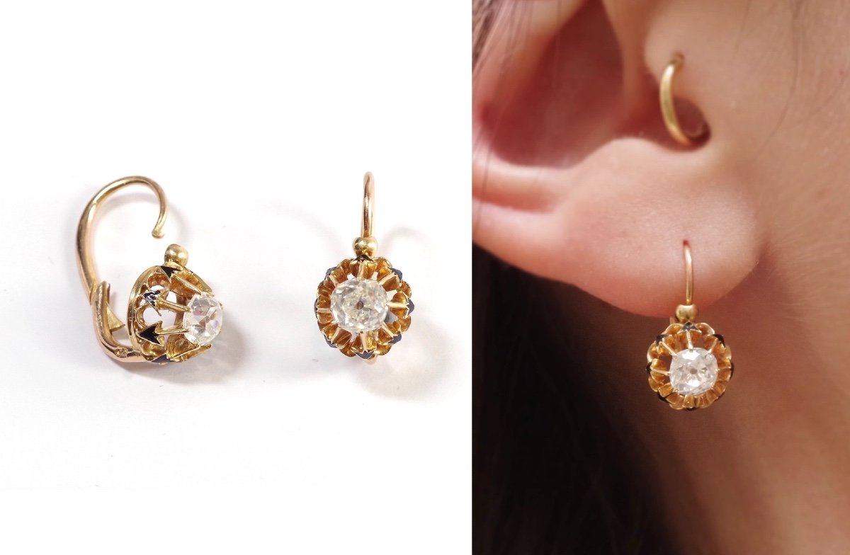 Victorian 0.50 Ct Diamond Earrings In 18k Gold, Old Mine Cut Diamonds, Enamel Earrings