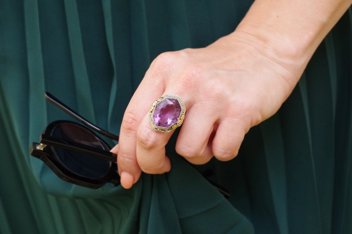 Bague Cocktail Améthyste Art Deco En Or 14k Et 18k, Bague Américaine, Grosse Bague Améthyste-photo-2