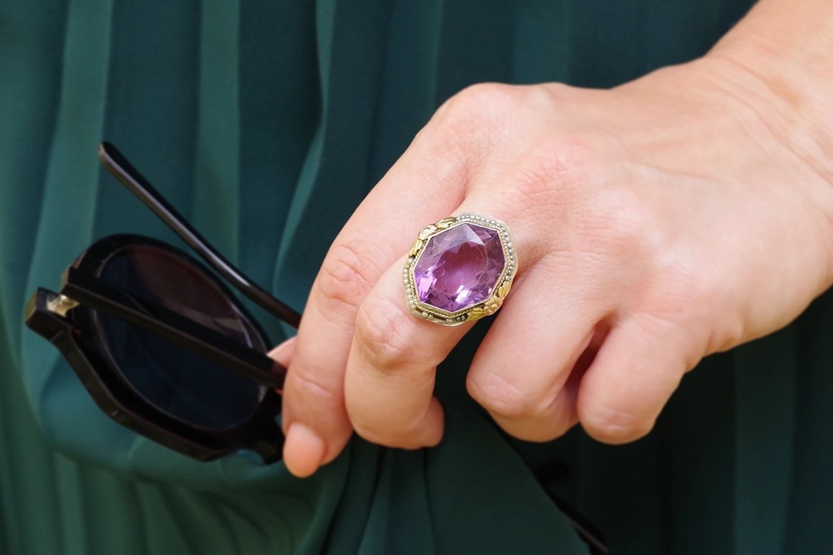 Bague Cocktail Améthyste Art Deco En Or 14k Et 18k, Bague Américaine, Grosse Bague Améthyste-photo-3