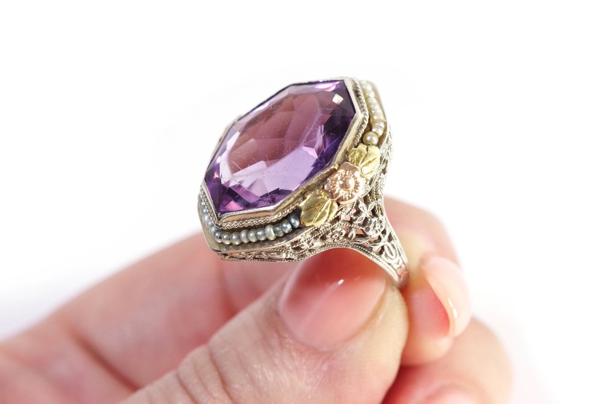 Art Deco Amethyst Cocktail Ring In 14 And 18 Karat Gold, American Ring, Art Deco Ring, Pearls-photo-1