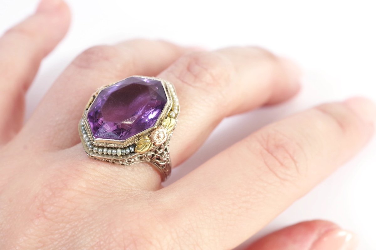 Art Deco Amethyst Cocktail Ring In 14 And 18 Karat Gold, American Ring, Art Deco Ring, Pearls-photo-2