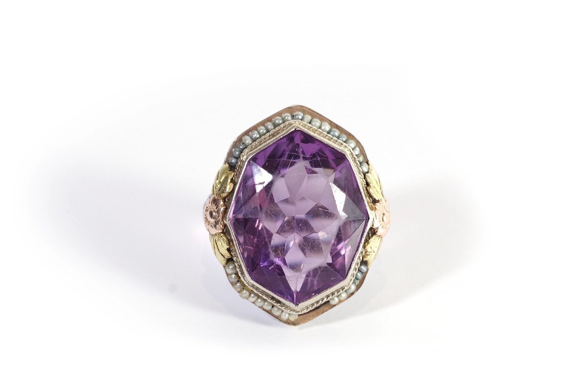 Art Deco Amethyst Cocktail Ring In 14 And 18 Karat Gold, American Ring, Art Deco Ring, Pearls-photo-3