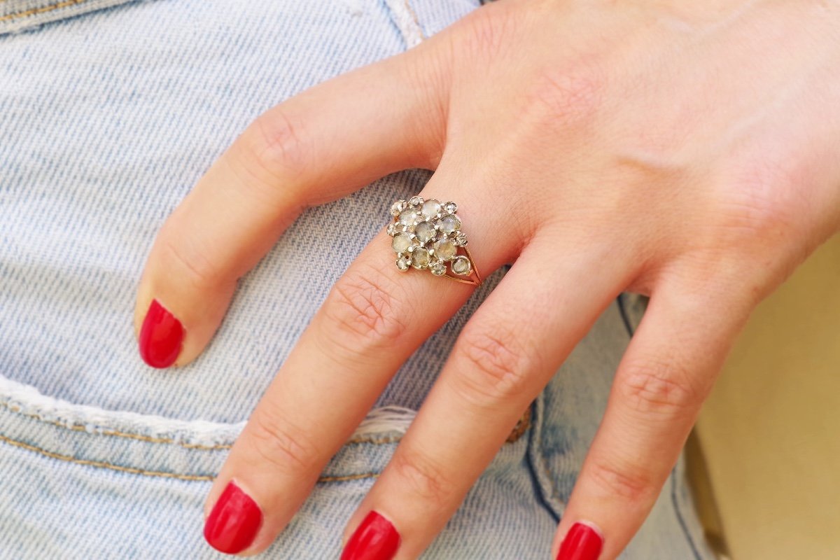 Bague Ancienne 19ᵉ En Or Rose 18 Karats Et Argent, Bague Fleur Ancienne, Bijou Du XIXe Siècle-photo-2