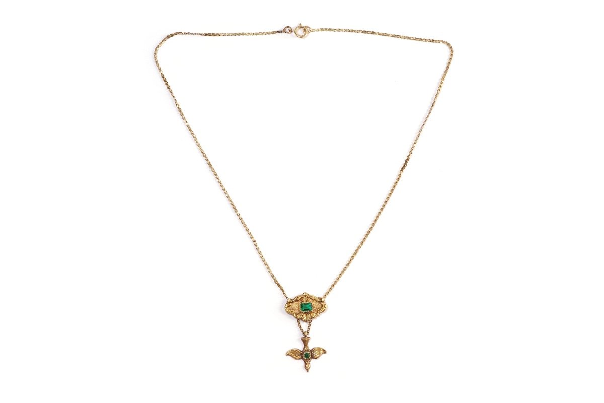 Collier Saint-esprit Ancien En Or 18k, Pendentif St Esprit, Oiseaux, Pierres Vertes-photo-3