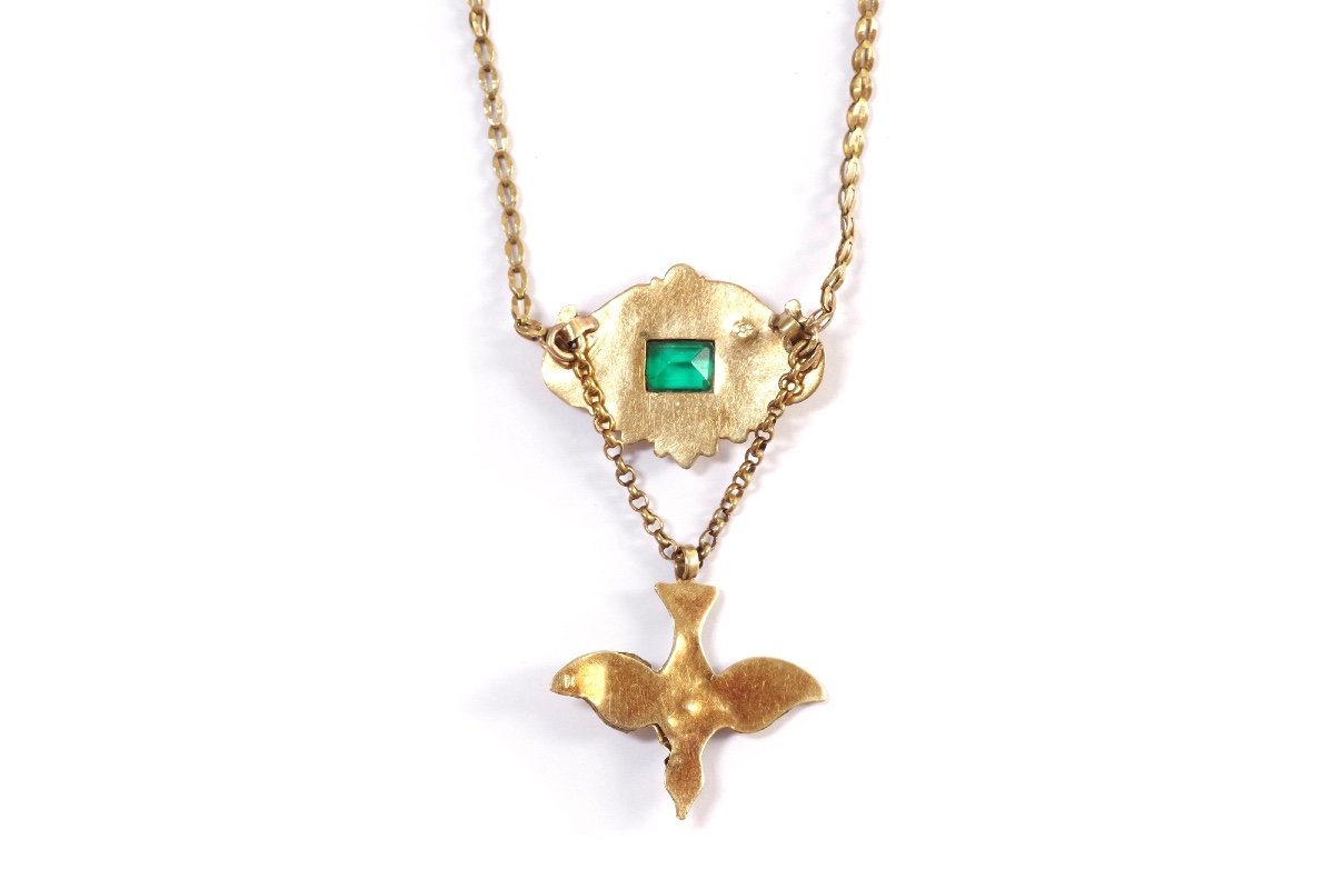 Collier Saint-esprit Ancien En Or 18k, Pendentif St Esprit, Oiseaux, Pierres Vertes-photo-1