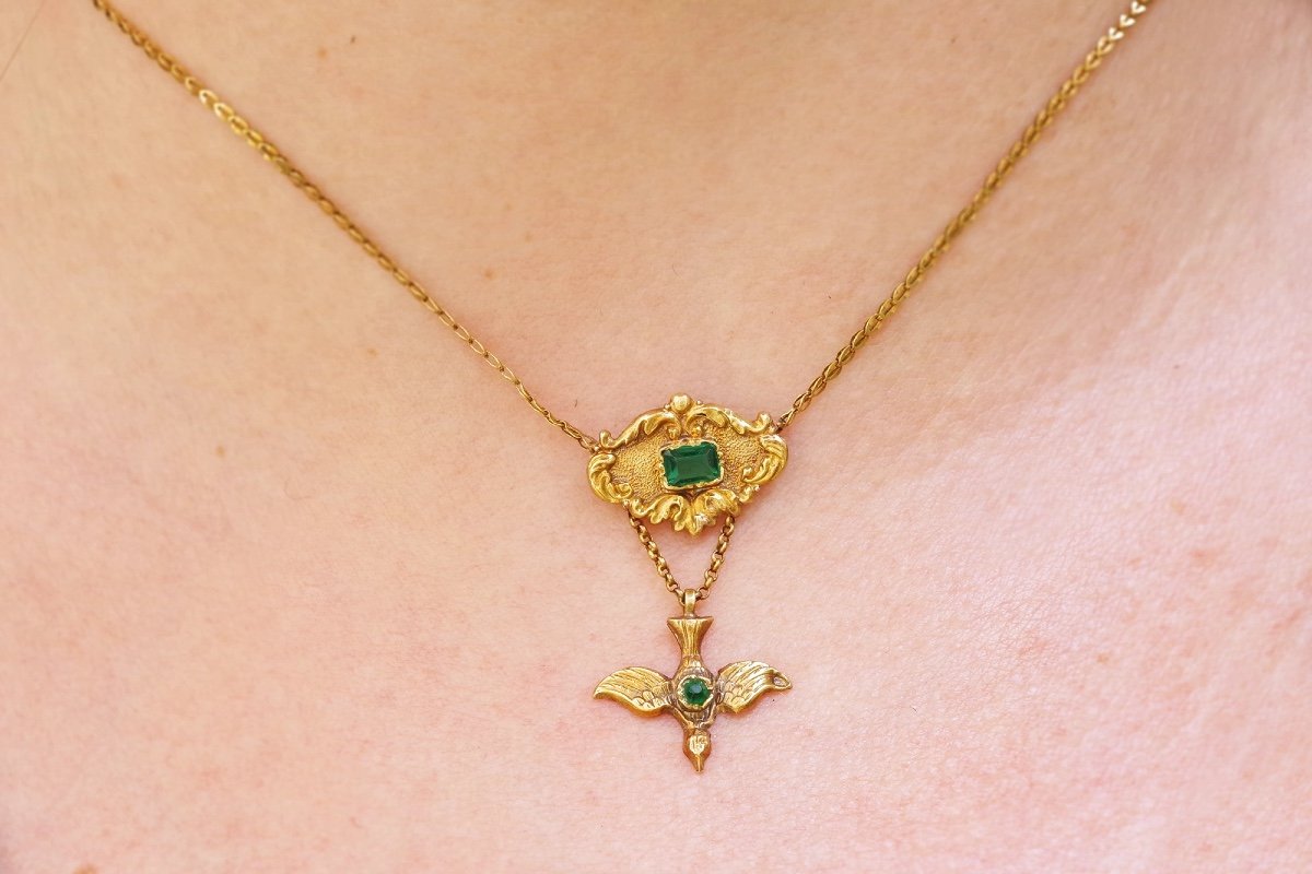 Collier Saint-esprit Ancien En Or 18k, Pendentif St Esprit, Oiseaux, Pierres Vertes-photo-2