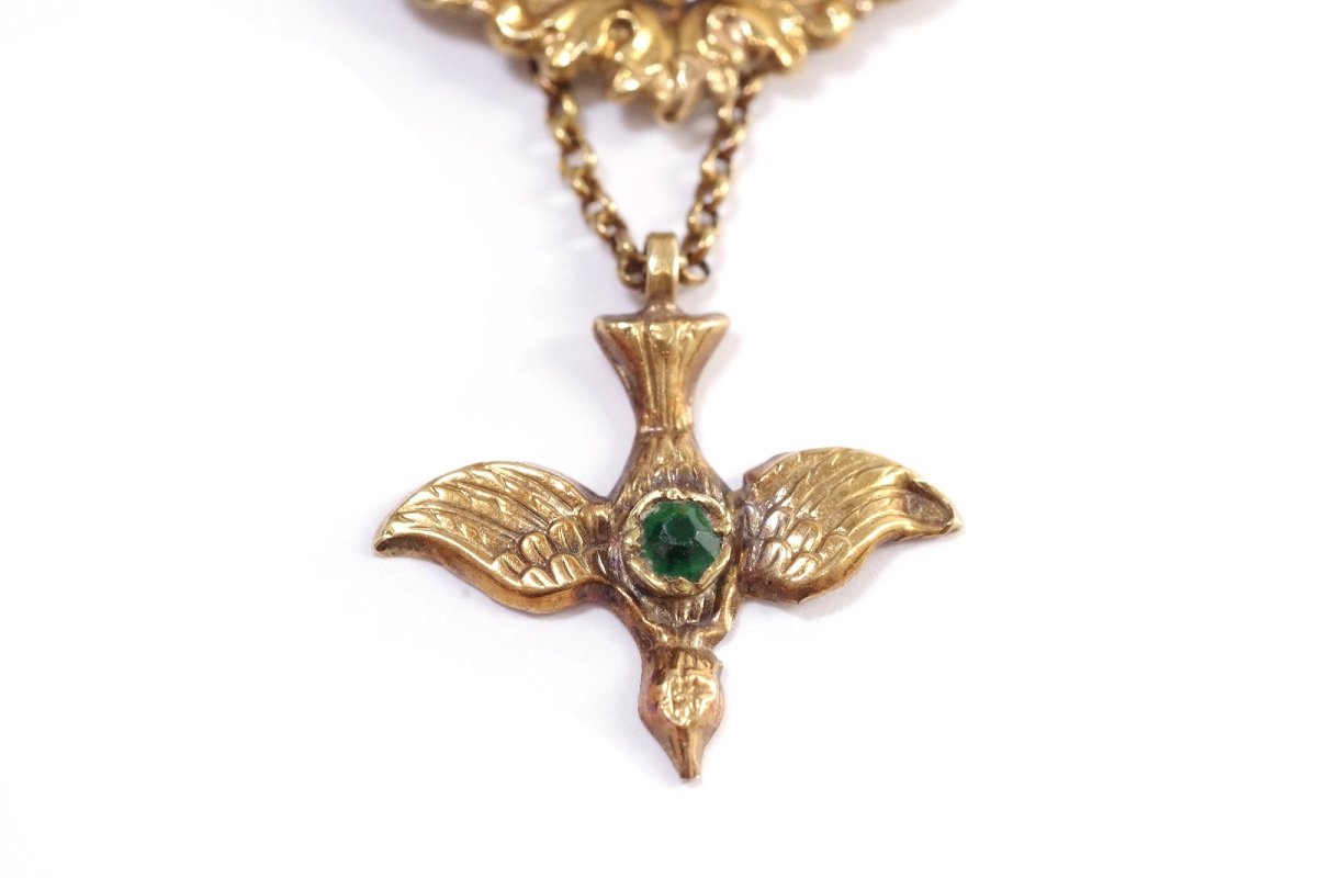 Collier Saint-esprit Ancien En Or 18k, Pendentif St Esprit, Oiseaux, Pierres Vertes-photo-3