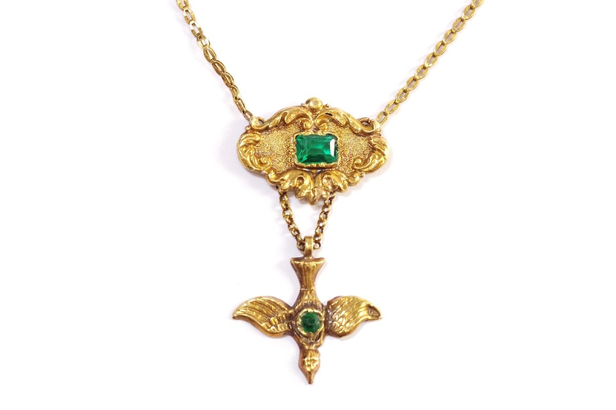 Collier Saint-esprit Ancien En Or 18k, Pendentif St Esprit, Oiseaux, Pierres Vertes