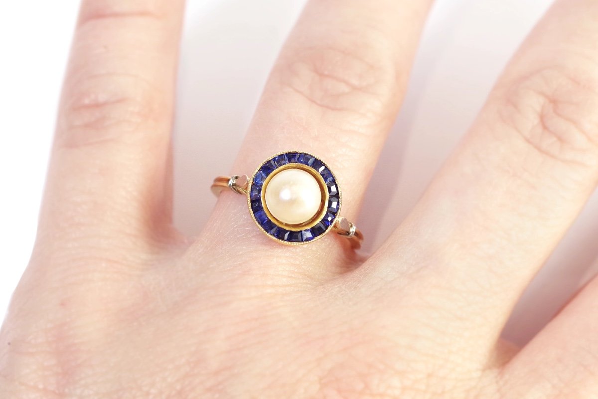 Circular Art Deco Sapphire Ring In 18k Gold, Saphires And Pearl, Art Deco Ring-photo-2