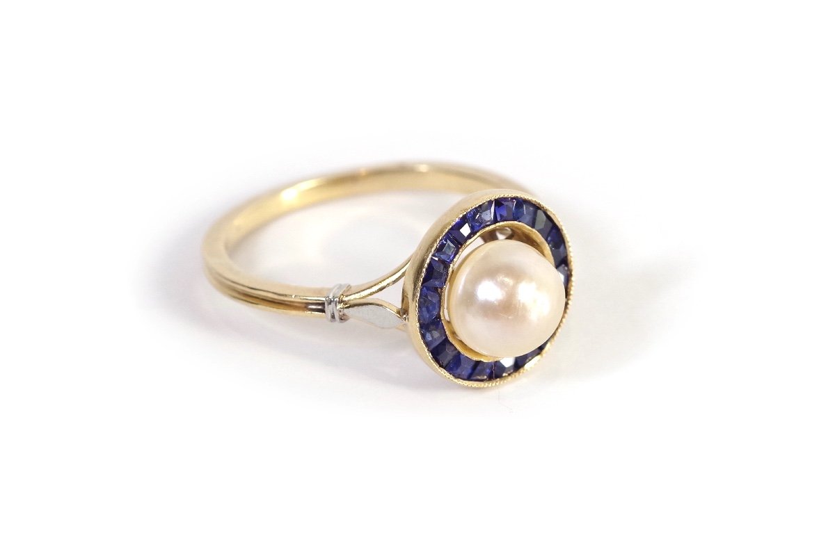 Circular Art Deco Sapphire Ring In 18k Gold, Saphires And Pearl, Art Deco Ring-photo-3