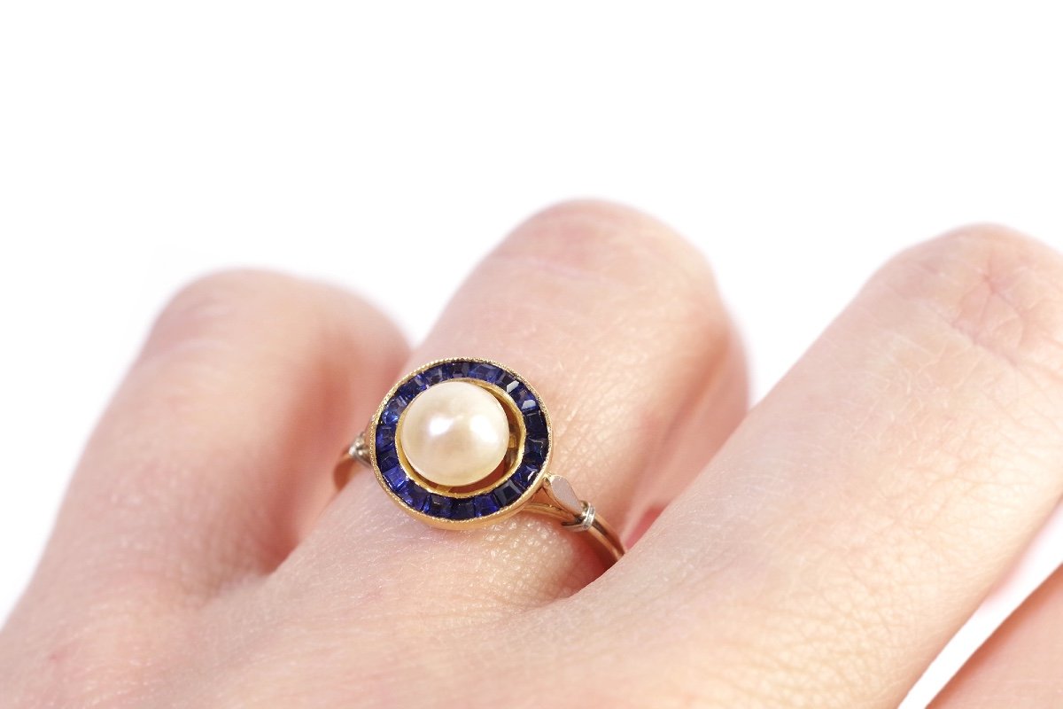 Circular Art Deco Sapphire Ring In 18k Gold, Saphires And Pearl, Art Deco Ring-photo-4