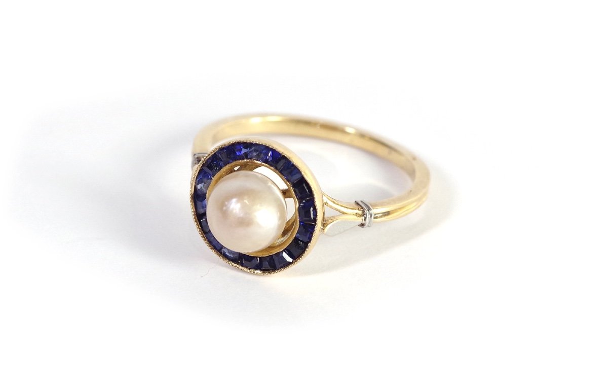 Circular Art Deco Sapphire Ring In 18k Gold, Saphires And Pearl, Art Deco Ring