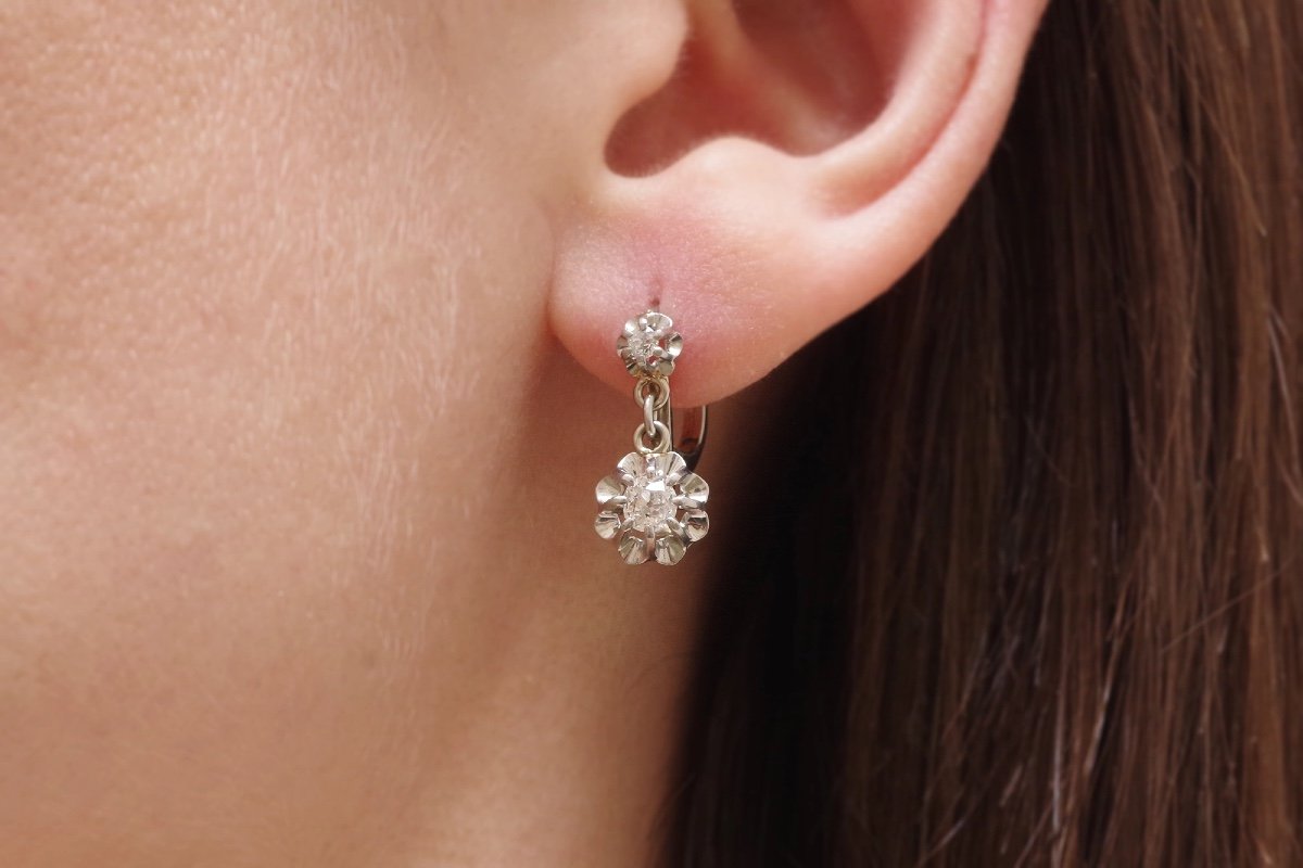 Dormeuses Diamants 0.20 Carat En Platine Et Or Blanc 18k, Boucles d'Oreille Anciennes-photo-2