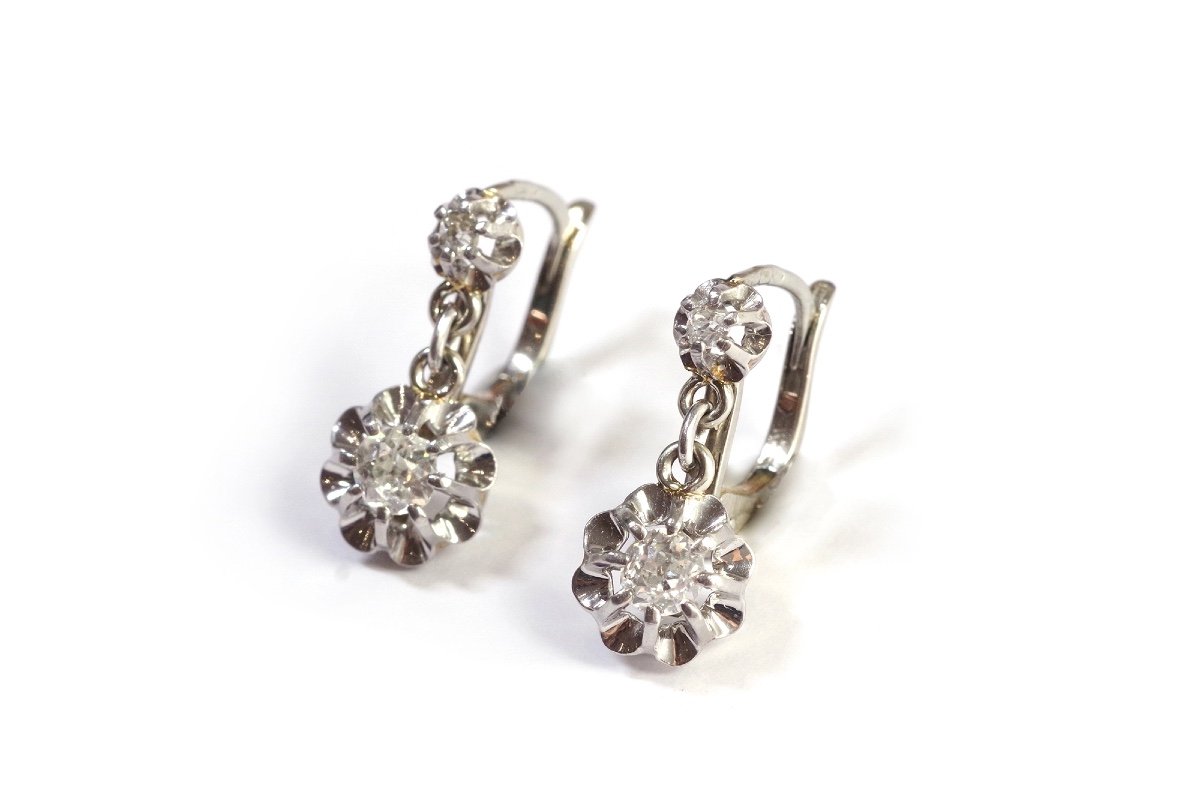 Dormeuses Diamants 0.20 Carat En Platine Et Or Blanc 18k, Boucles d'Oreille Anciennes-photo-3