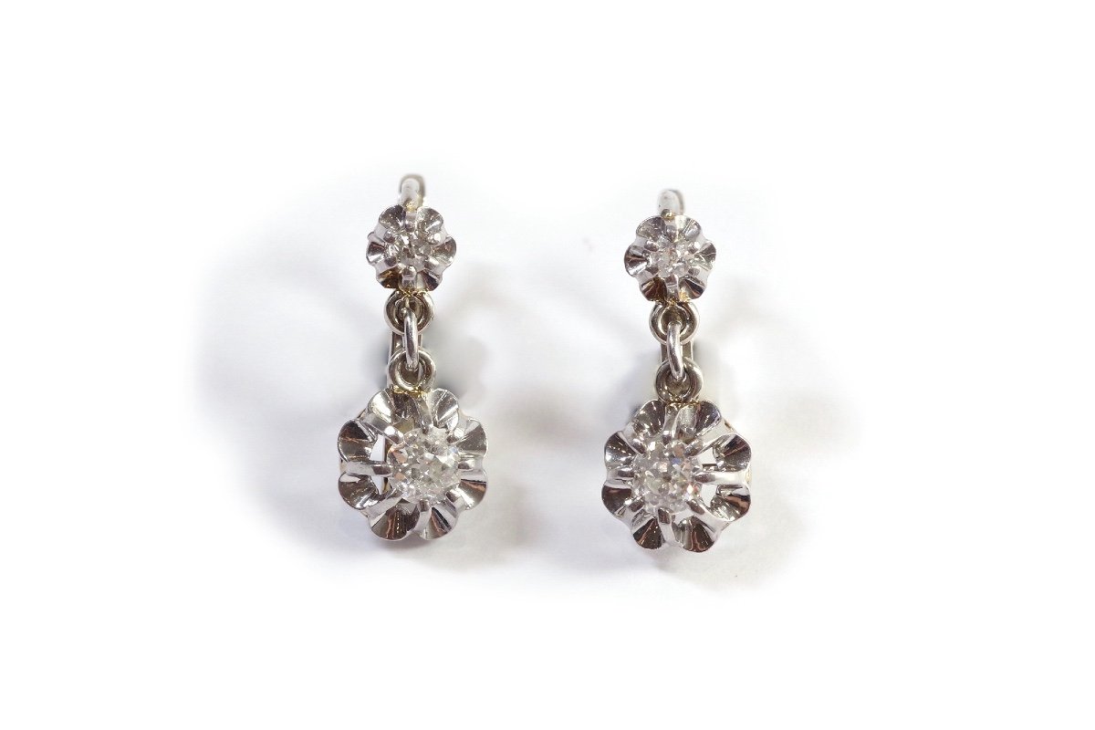 Dormeuses Diamants 0.20 Carat En Platine Et Or Blanc 18k, Boucles d'Oreille Anciennes-photo-4