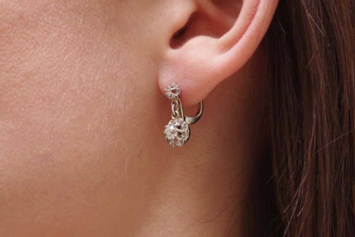 Dormeuses Diamants 0.20 Carat En Platine Et Or Blanc 18k, Boucles d'Oreille Anciennes-photo-1