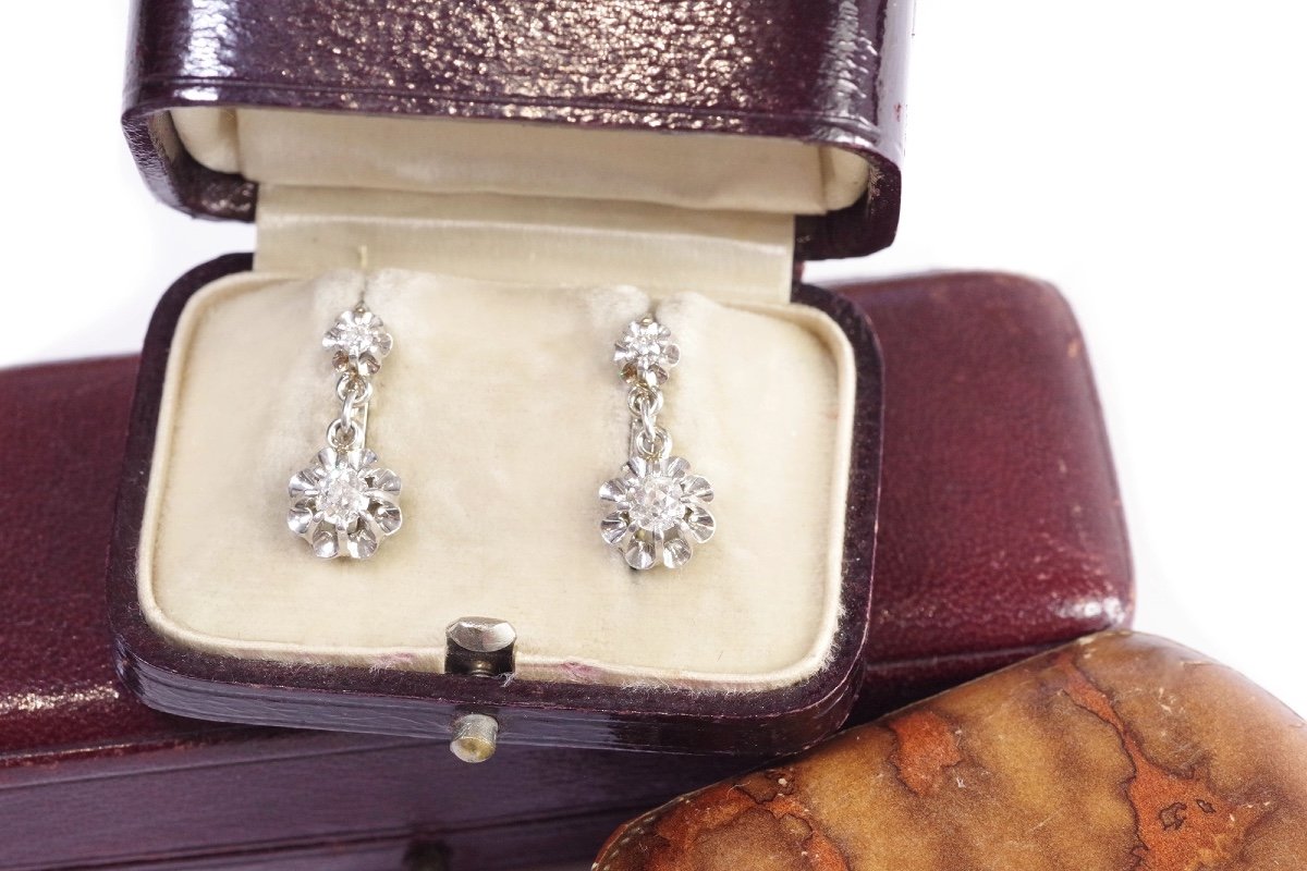 Dormeuses Diamants 0.20 Carat En Platine Et Or Blanc 18k, Boucles d'Oreille Anciennes-photo-2