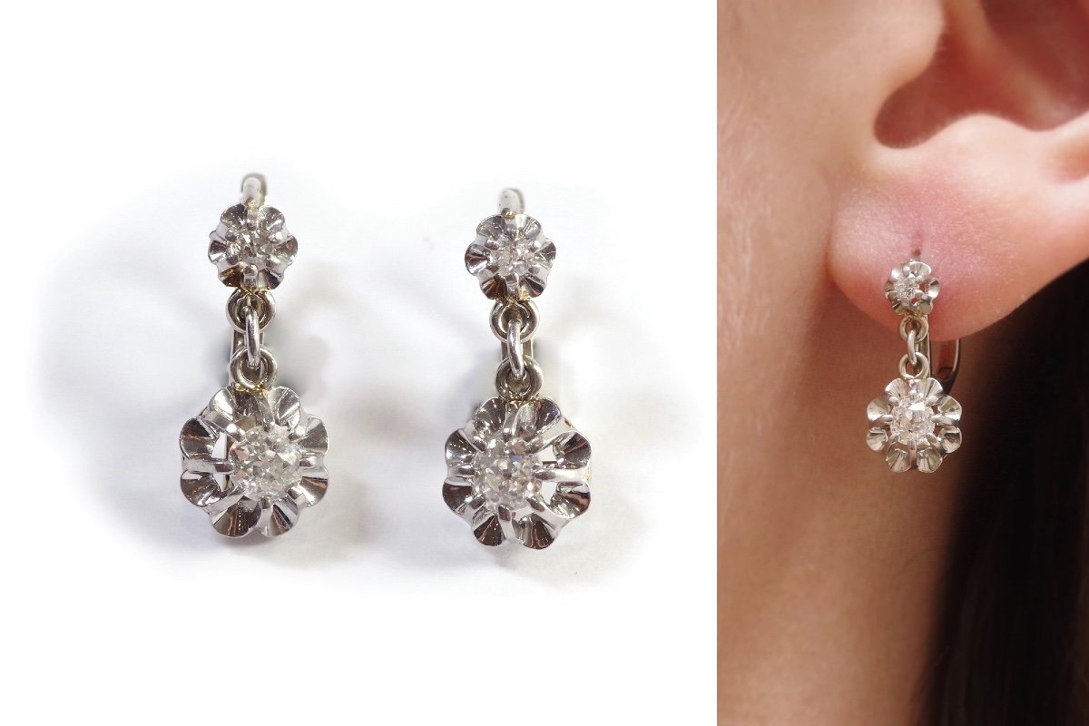 Dormeuses Diamants 0.20 Carat En Platine Et Or Blanc 18k, Boucles d'Oreille Anciennes