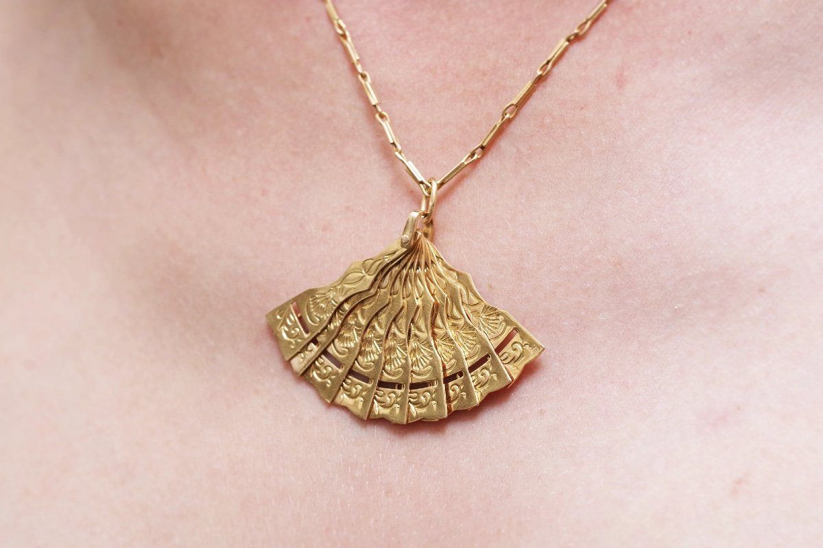 Fan Pendant In 18k Gold, Antique Pendant, Gold Opening Pendant, Fan, Antique Jewelry Paris-photo-3