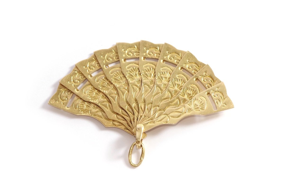 Fan Pendant In 18k Gold, Antique Pendant, Gold Opening Pendant, Fan, Antique Jewelry Paris-photo-4