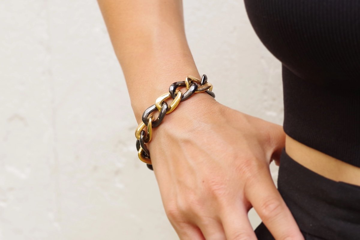 Large Vintage Hematite Bracelet In 18k Gold, Big Mesh Bracelet, Big Link, Chain Bracelet-photo-2