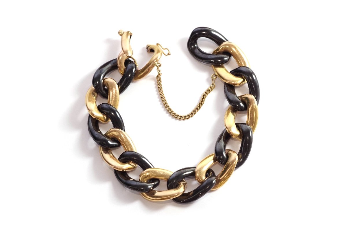 Large Vintage Hematite Bracelet In 18k Gold, Big Mesh Bracelet, Big Link, Chain Bracelet-photo-3