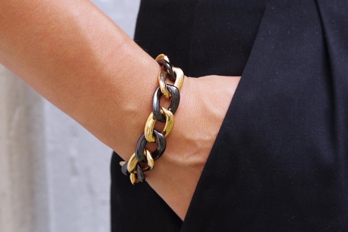 Large Vintage Hematite Bracelet In 18k Gold, Big Mesh Bracelet, Big Link, Chain Bracelet-photo-2