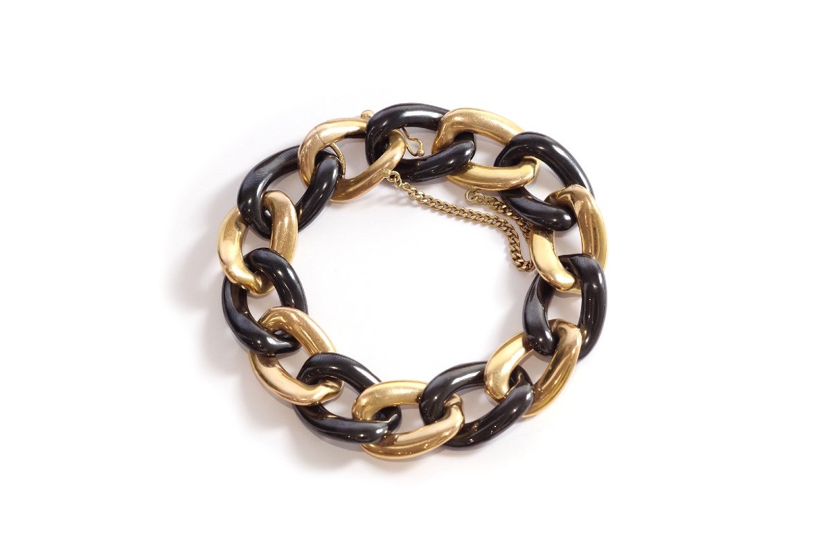 Large Vintage Hematite Bracelet In 18k Gold, Big Mesh Bracelet, Big Link, Chain Bracelet